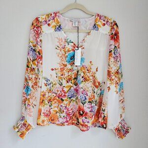 New Cupcakes & Cashmere Women's White Orange Floral Long Sleeved Blouse Size XS